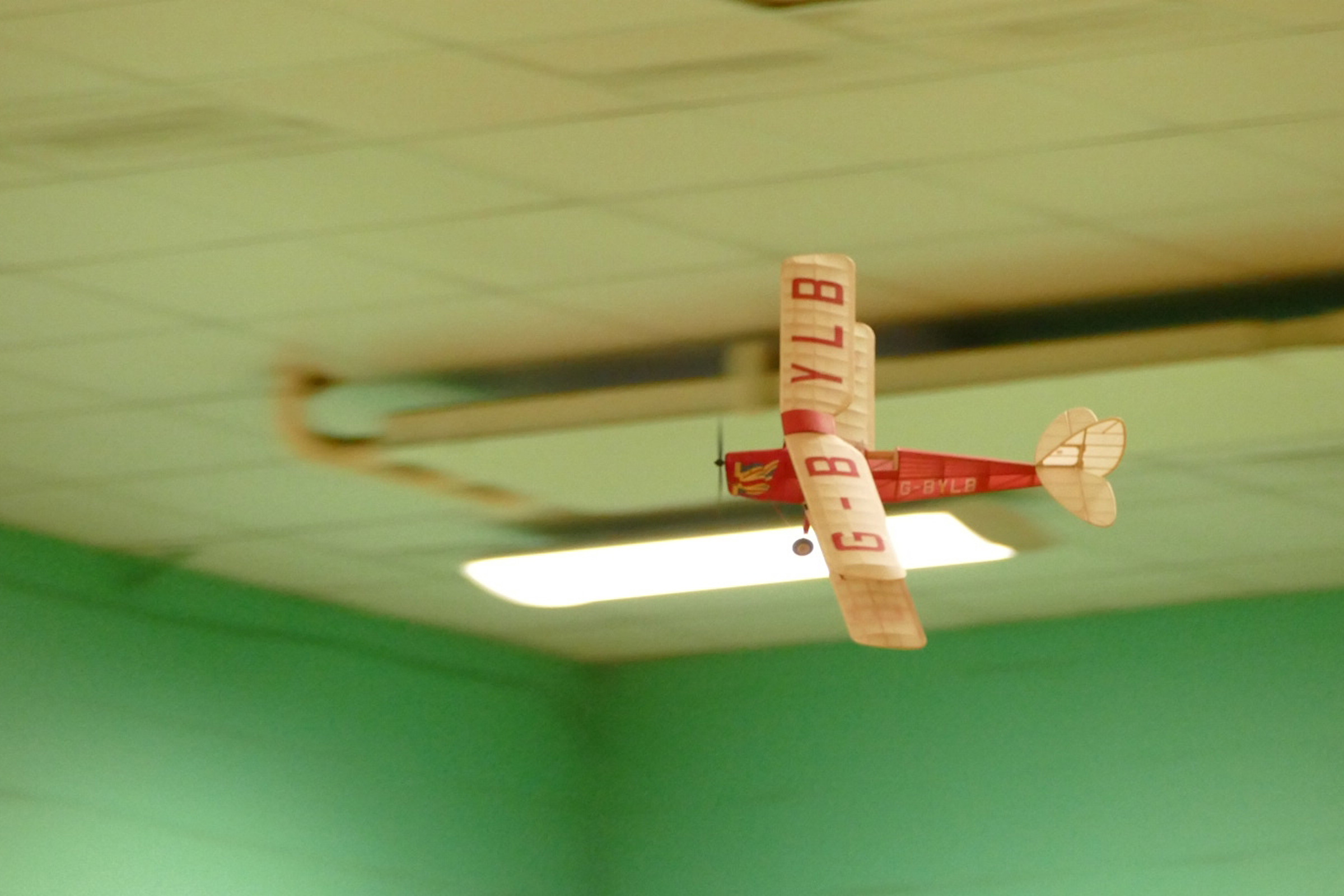 Paul Hoey De Havilland DH-82 Tiger Moth-Hacker does a quick banked turn to just miss the ceiling 29th March 2026 he also placed 6th in Kit Scale using his Tiger Moth at the BMFA indoor championships 2026.