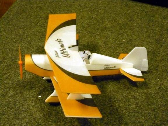 A Mike Glass inspired free flight indoor Depron biplane with 6mm pager motor, MOSFET timer and 90mah LiPo battery.